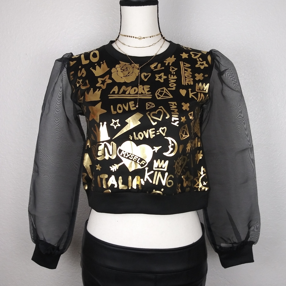 Gold Graffiti Printed Top With Organza Sleeves